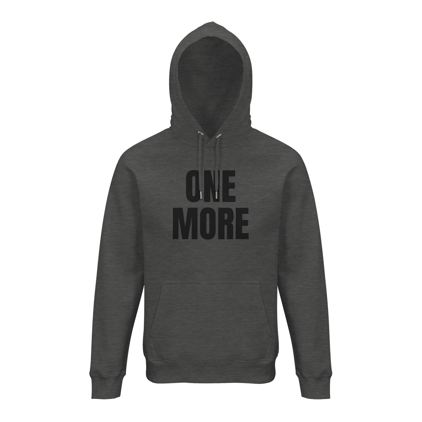 Grå hoodie med centrerat 'ONE MORE' tryck. Tillverkad i högkvalitativ ekologisk Stellar-kvalitet för maximal komfort.
