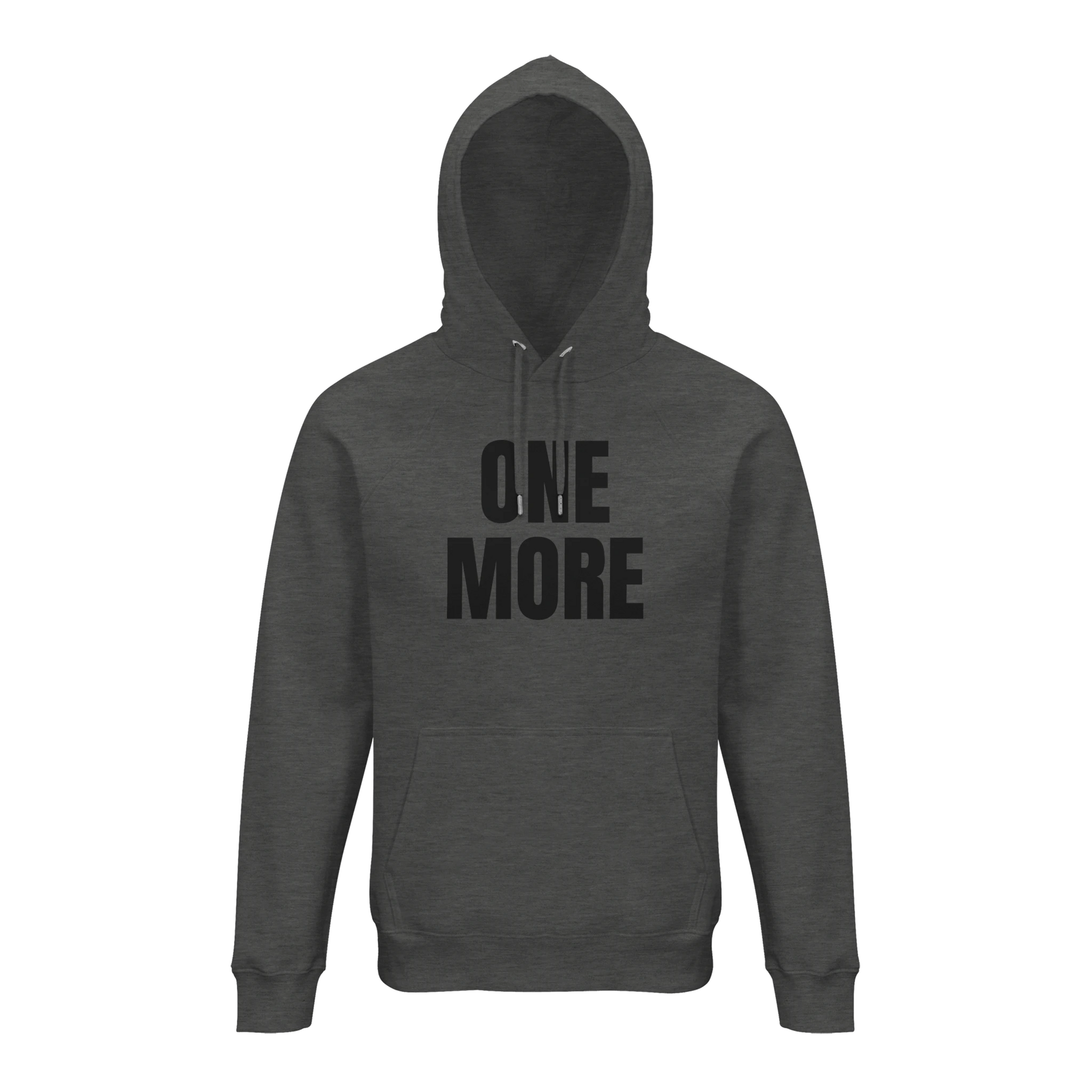 Grå hoodie med centrerat 'ONE MORE' tryck. Tillverkad i högkvalitativ ekologisk Stellar-kvalitet för maximal komfort.