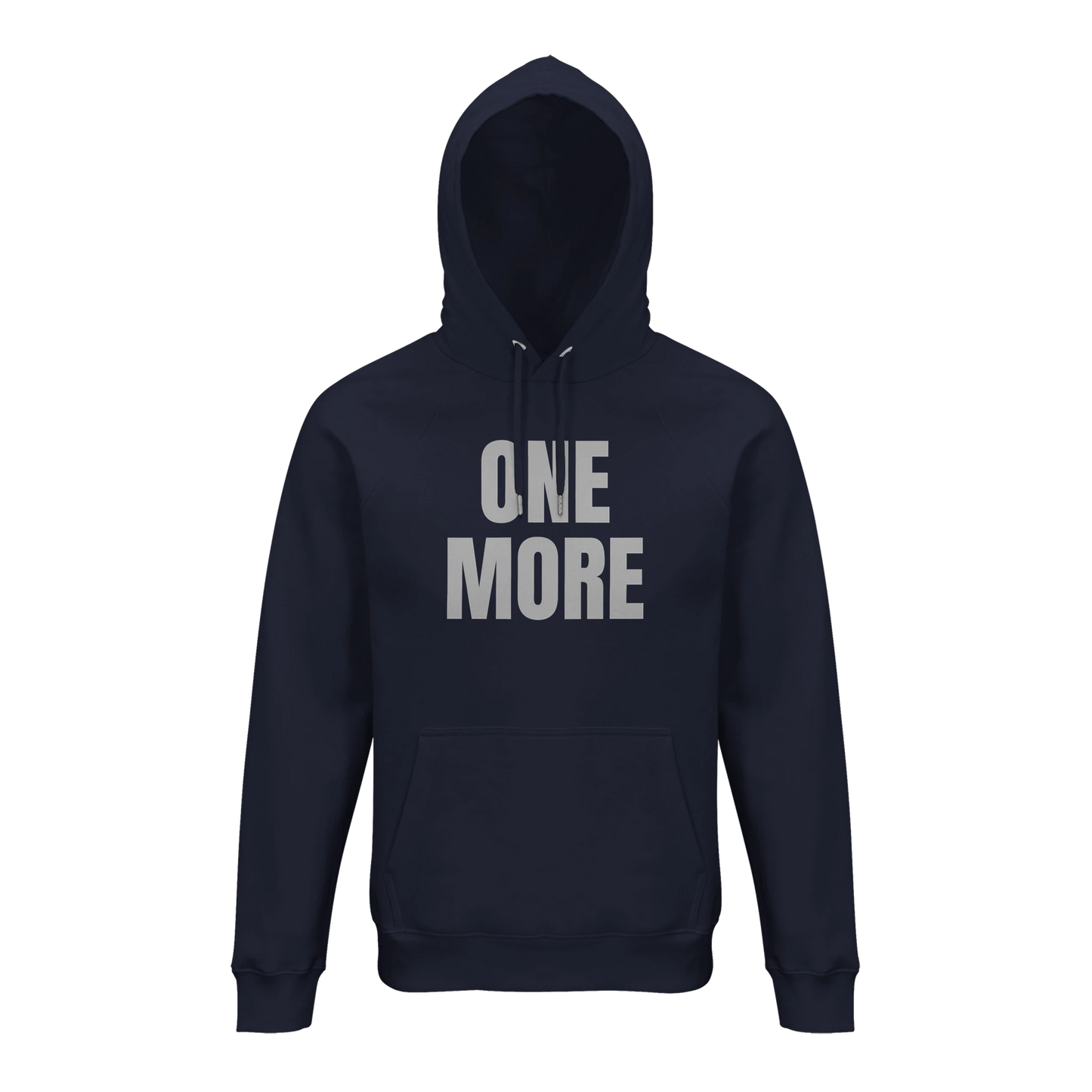 Marinblå huvtröja i ekologisk bomull med 'ONE MORE' tryck på bröstet. En mjuk och hållbar hoodie för träning och fritid.