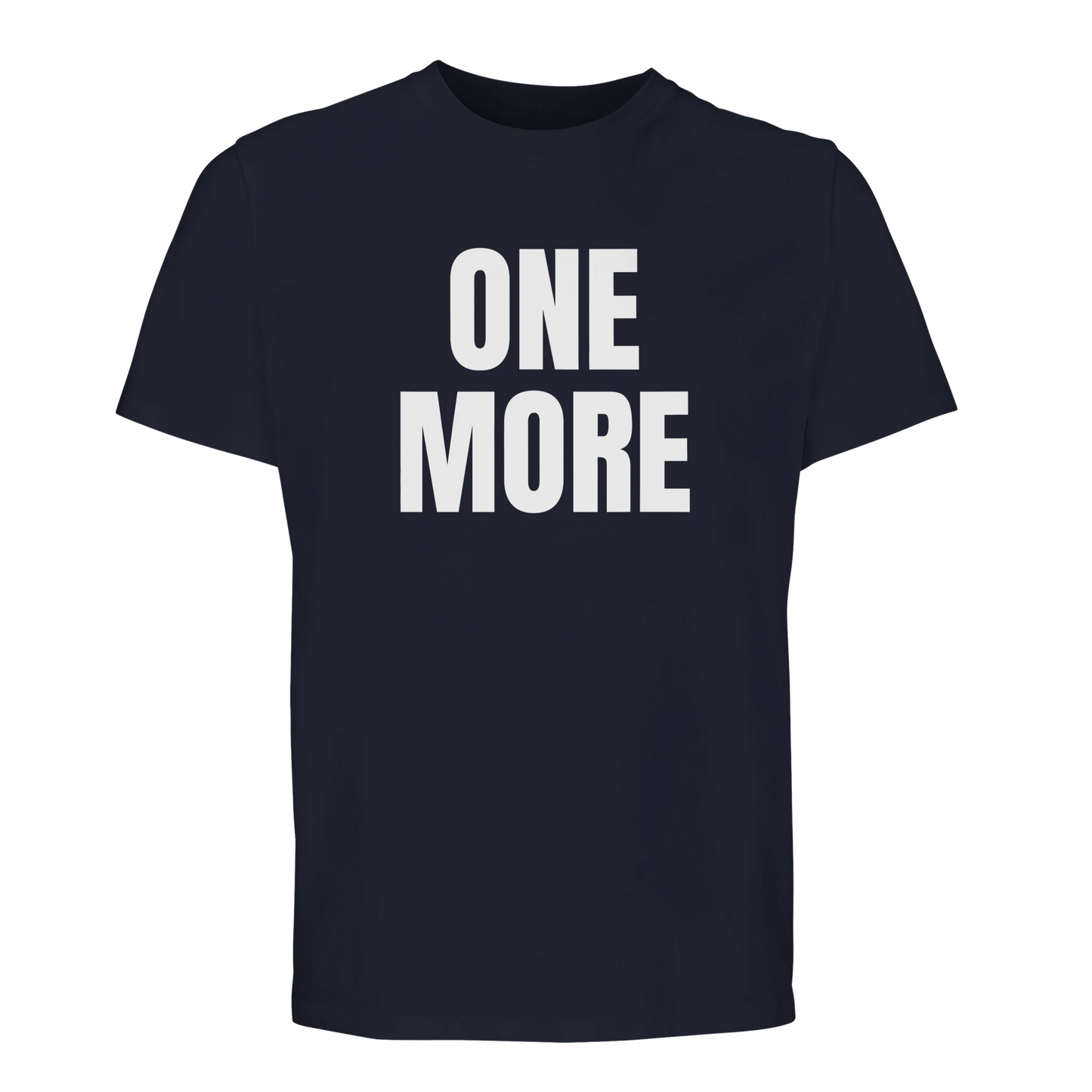 Marinblå sport-t-shirt med stort vitt texttryck 'ONE MORE'. En funktionell t-shirt för atleten som ger allt under träningen.