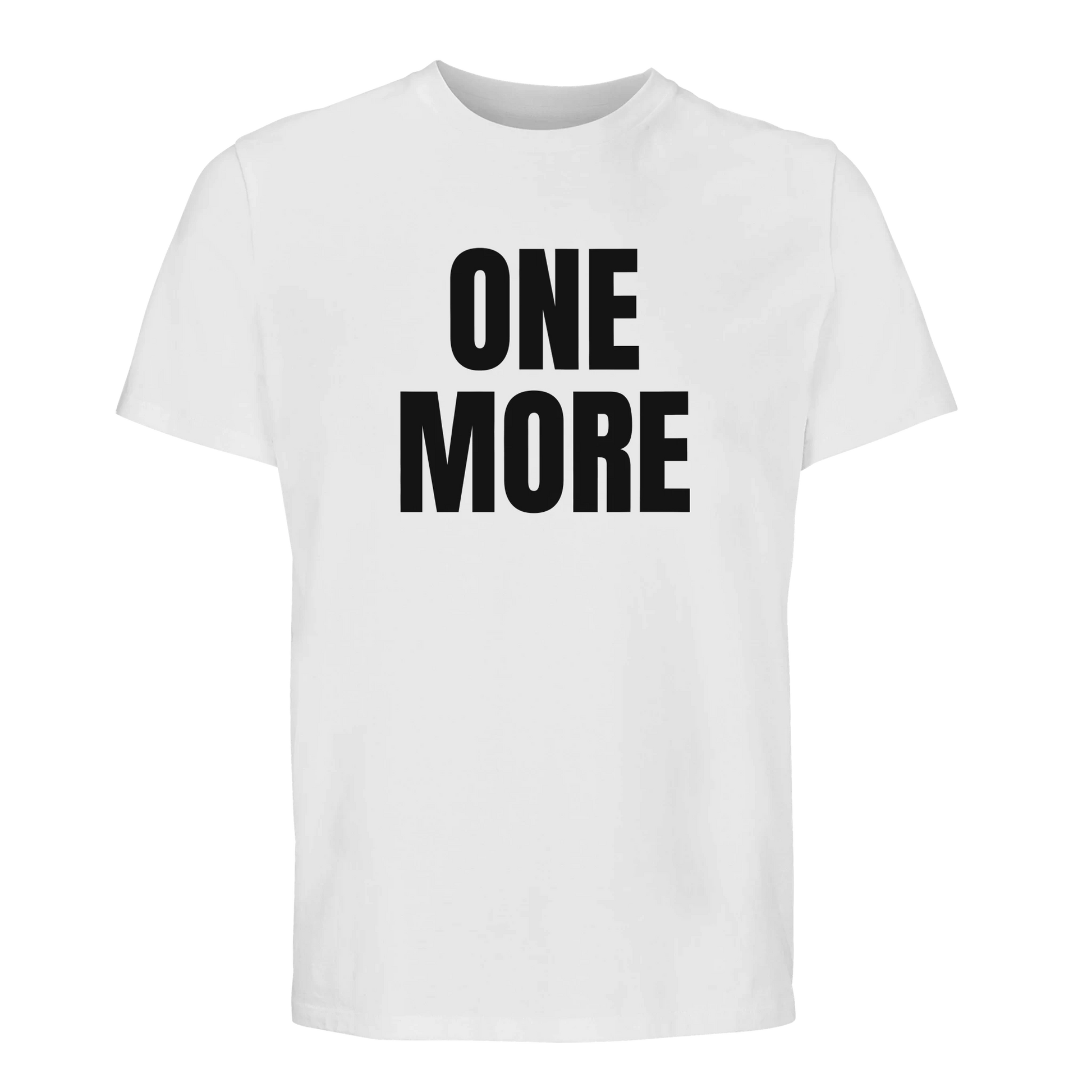 Vit träningst-shirt i ekologisk bomull med stort 'ONE MORE' tryck. Stilren och hållbar sporttopp med maximal komfort.