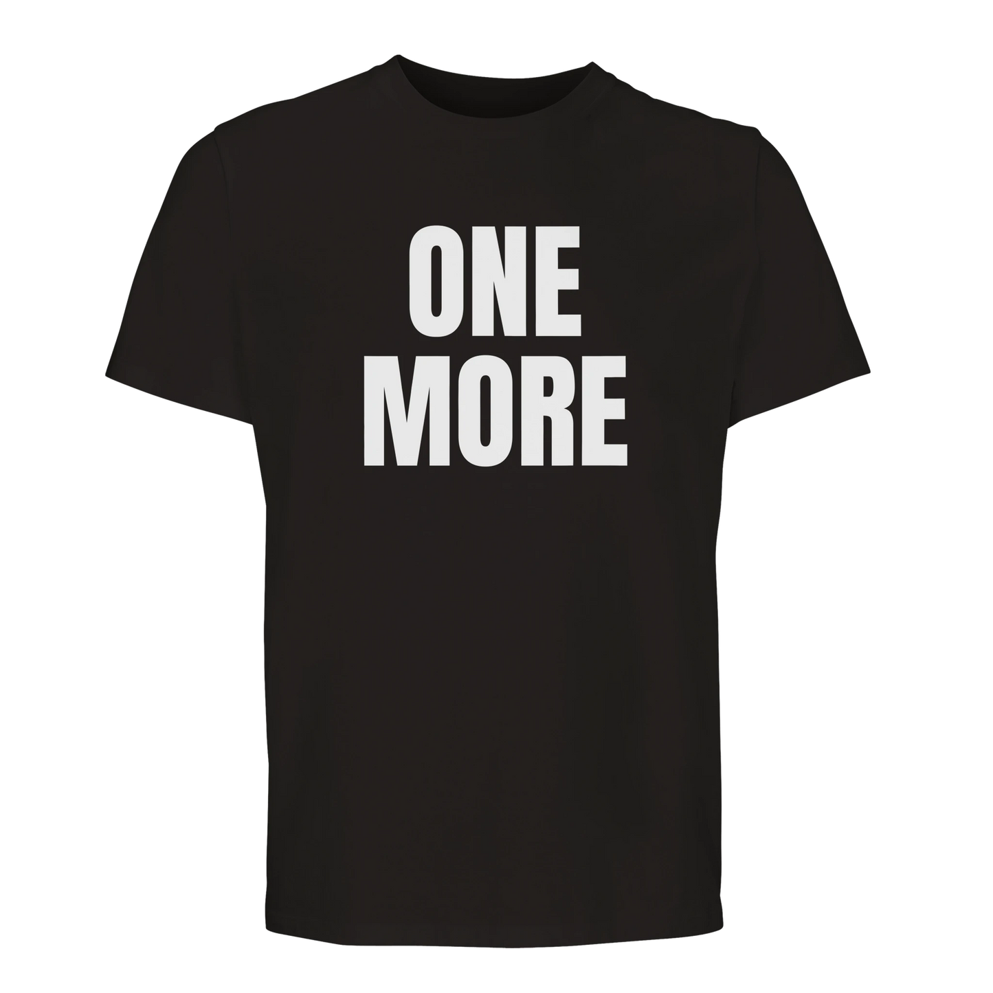 Svart premium t-shirt med stort centrerat 'ONE MORE' tryck. En motiverande träningströja i hög kvalitet för tunga pass på gymmet.