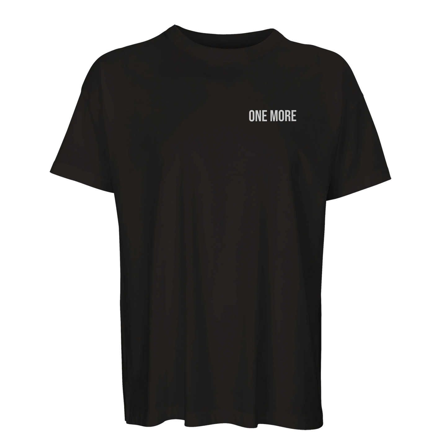 Svart oversized tränings-t-shirt med litet "ONE MORE"-tryck på bröstet. Stilren gym-merch från GBGMotiv.