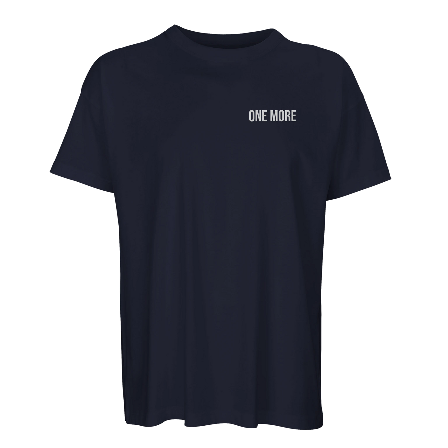 Marinblå oversized tränings-t-shirt för tunga pass på gymmet. Litet vitt tryck på bröstet, minimalistisk design.