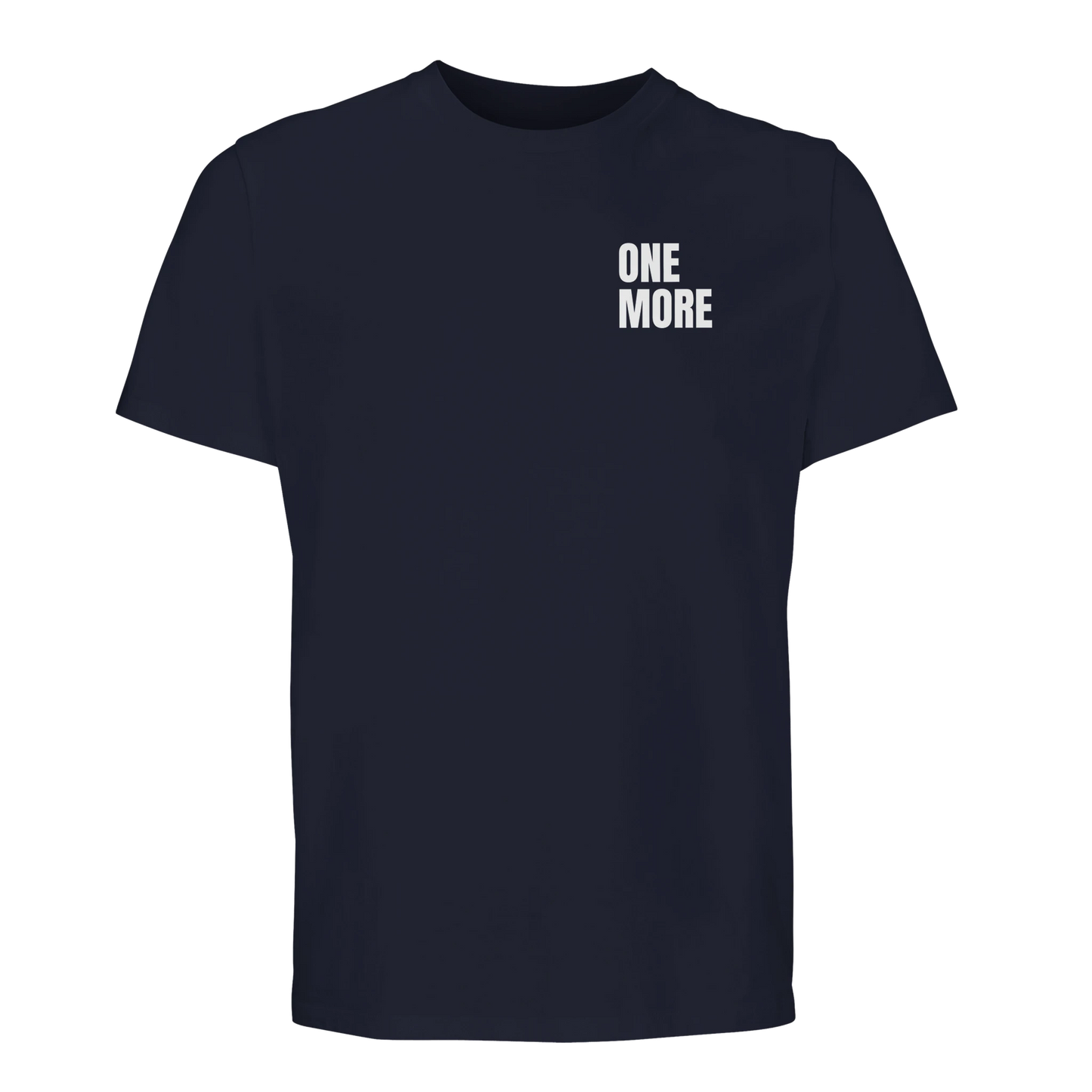 Marinblå sport-t-shirt med 'ONE MORE' brösttryck. En perfekt t-shirt för atleten som alltid siktar på ett rep till.