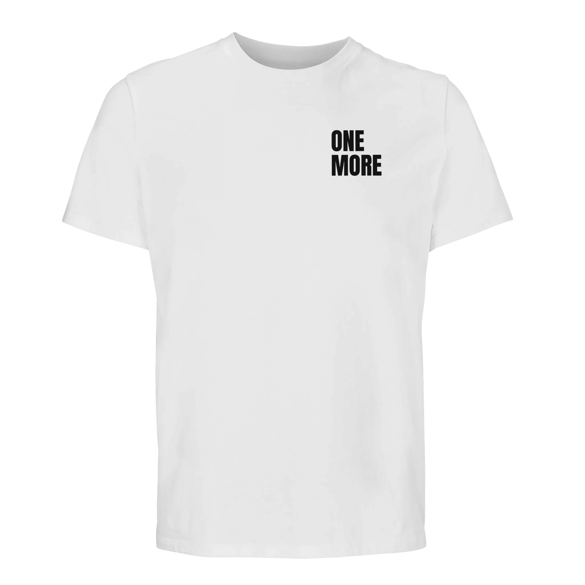 Vit träningst-shirt med texten 'ONE MORE' på bröstet. Tillverkad i mjuk och hållbar premiumkvalitet för optimal komfort under träning.