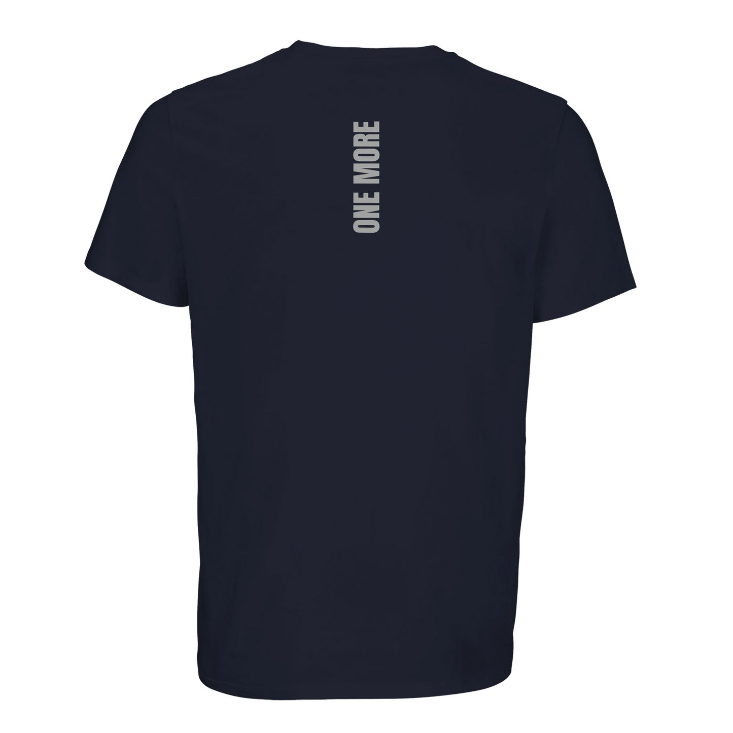 Baksidan av en marinblå sport-t-shirt med vertikalt 'ONE MORE' tryck längs ryggraden. Perfekt för styrketräning och crossfit.