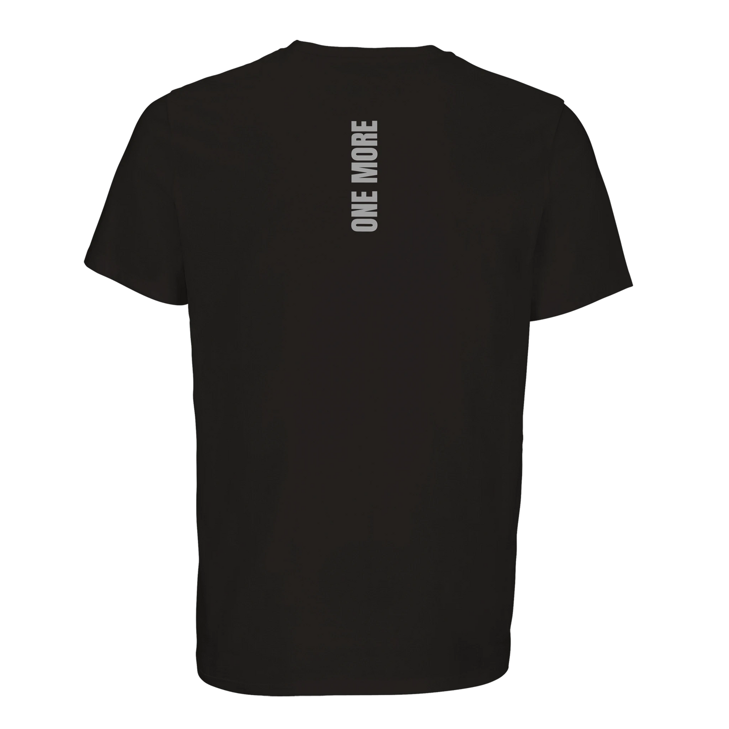 Svart premium t-shirt med ett stilrent vertikalt ryggtryck som säger 'ONE MORE'. En modern och funktionell träningströja för gymmet.