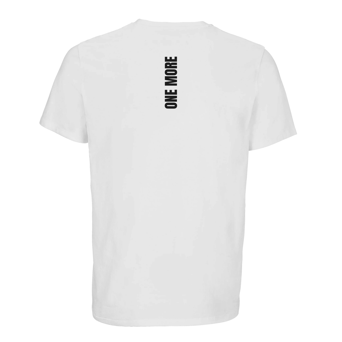 Vit ekologisk träningst-shirt med vertikalt ryggmotiv. Högkvalitativt material som andas och ger en professionell look på gymmet.