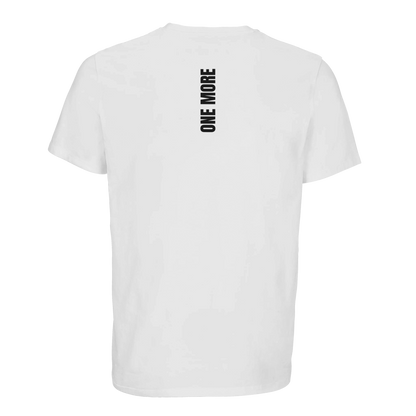 Vit ekologisk träningst-shirt med vertikalt ryggmotiv. Högkvalitativt material som andas och ger en professionell look på gymmet.