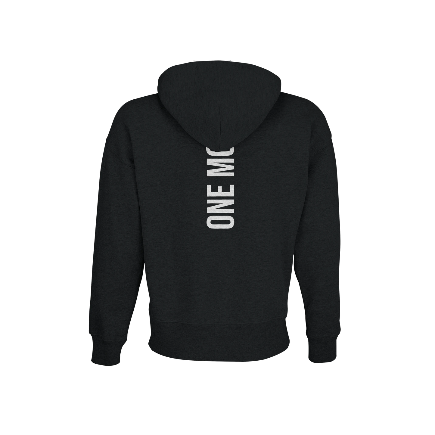 Svart oversized hoodie med vertikalt ryggtryck "ONE MORE". Kraftig och stilren huvtröja för gym och fritid från GBGMotiv.