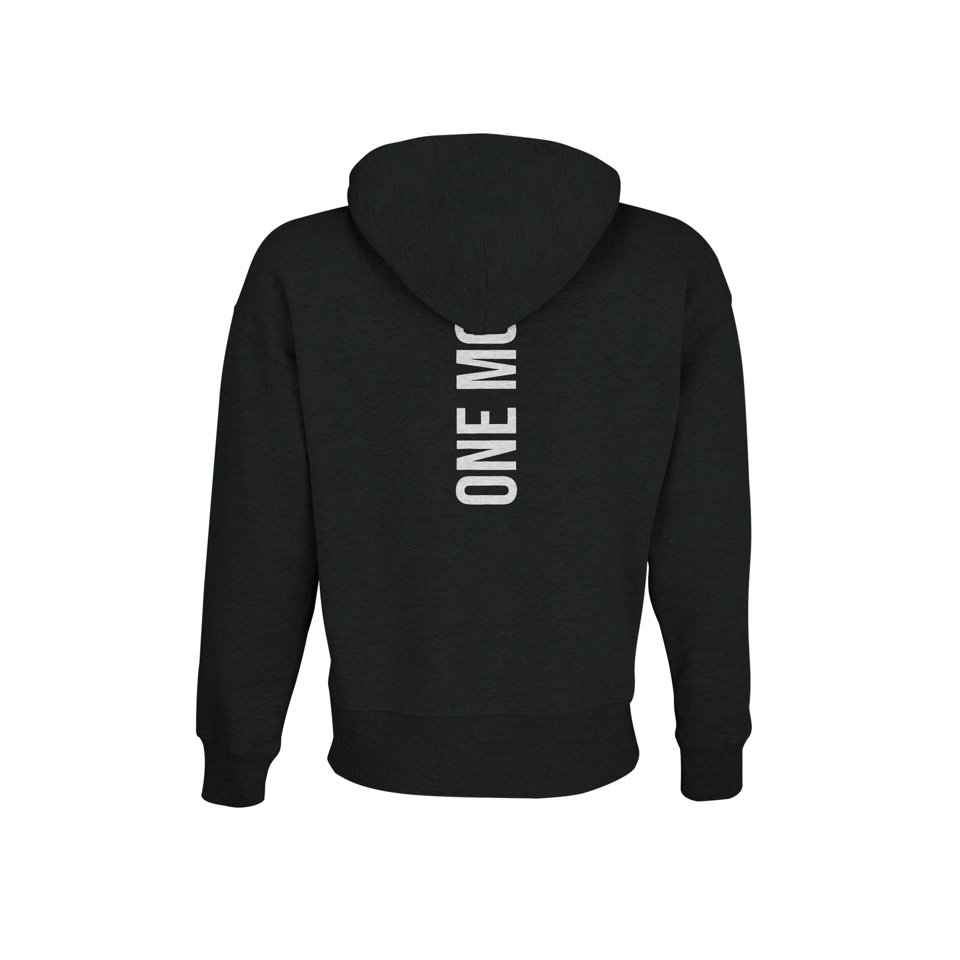 Svart oversized hoodie med vertikalt ryggtryck "ONE MORE". Kraftig och stilren huvtröja för gym och fritid från GBGMotiv.