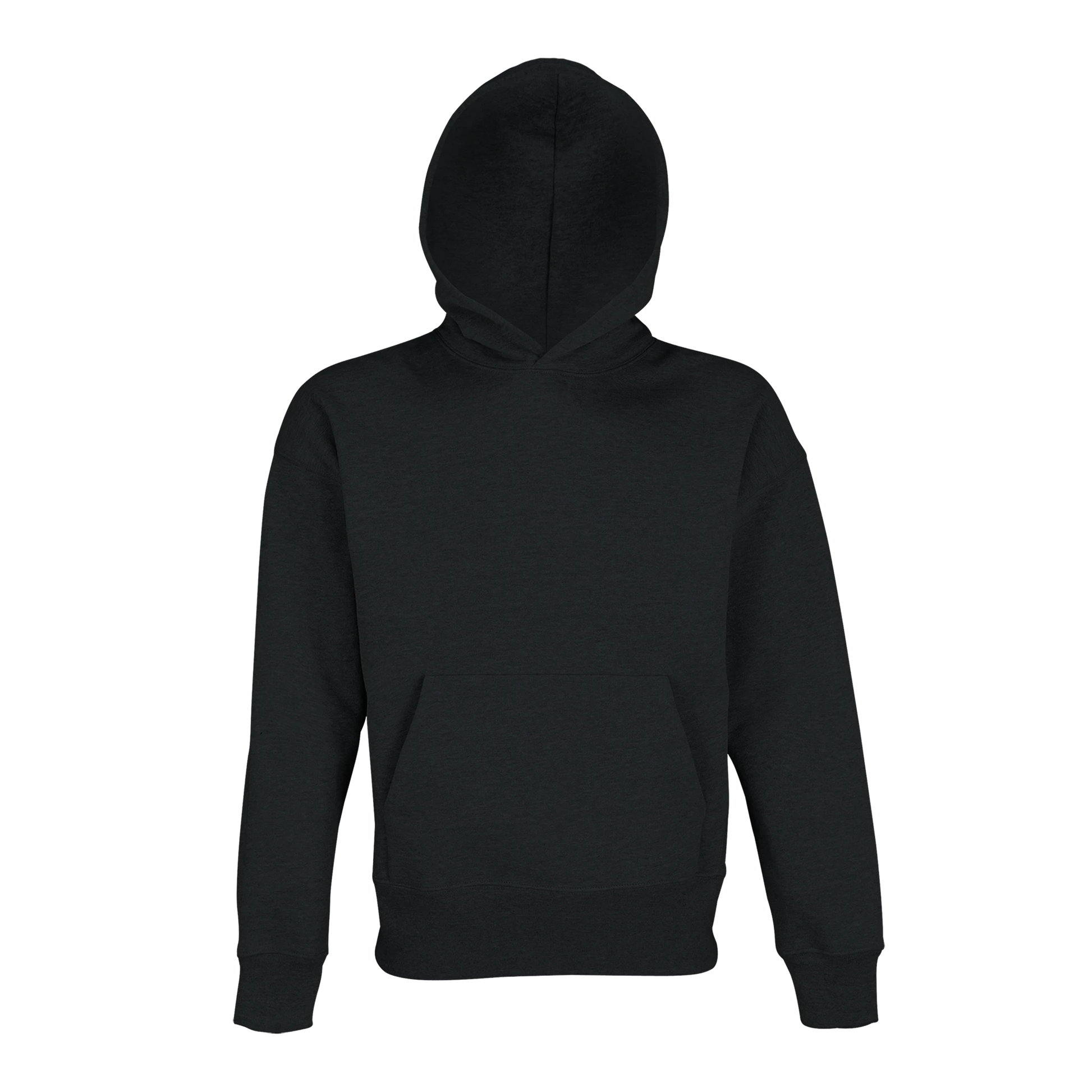 Svart oversized hoodie sedd framifrån med huvan uppe. Visar den generösa passformen och tygets kvalitet.