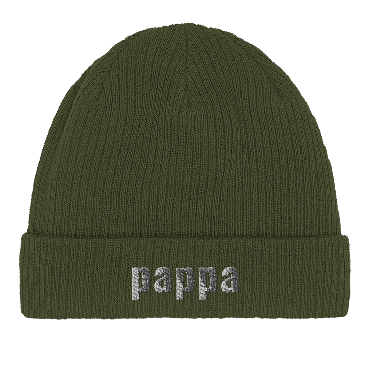 Olivgrön beanie med ordet pappa – mjuk present till pappa från Göteborg