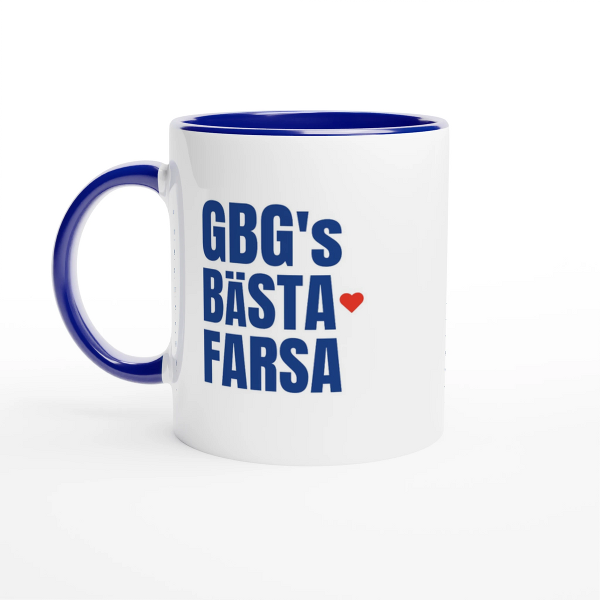 Blå: Blå mugg med färgad insida och handtag, texten GBG’s Bästa Farsa som fars dag-present
