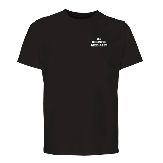 Svart rolig t-shirt med vit text "Åt helvete med allt" på vänster bröst