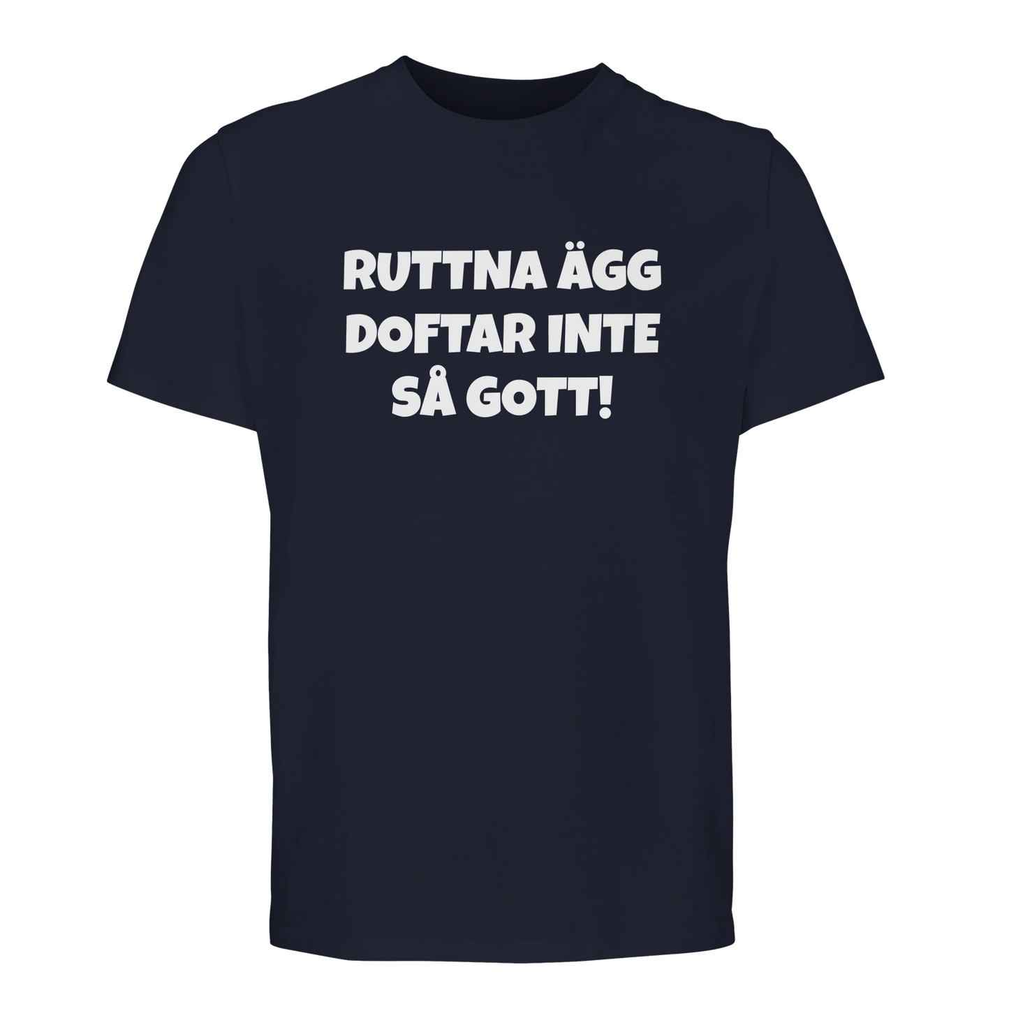 Marinblå t-shirt med humortryck 'Ruttna ägg doftar inte så gott'. Tillverkad i mjuk bomull för hög komfort.