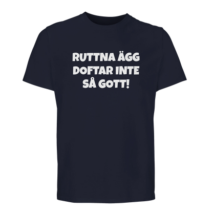 Marinblå t-shirt med humortryck 'Ruttna ägg doftar inte så gott'. Tillverkad i mjuk bomull för hög komfort.