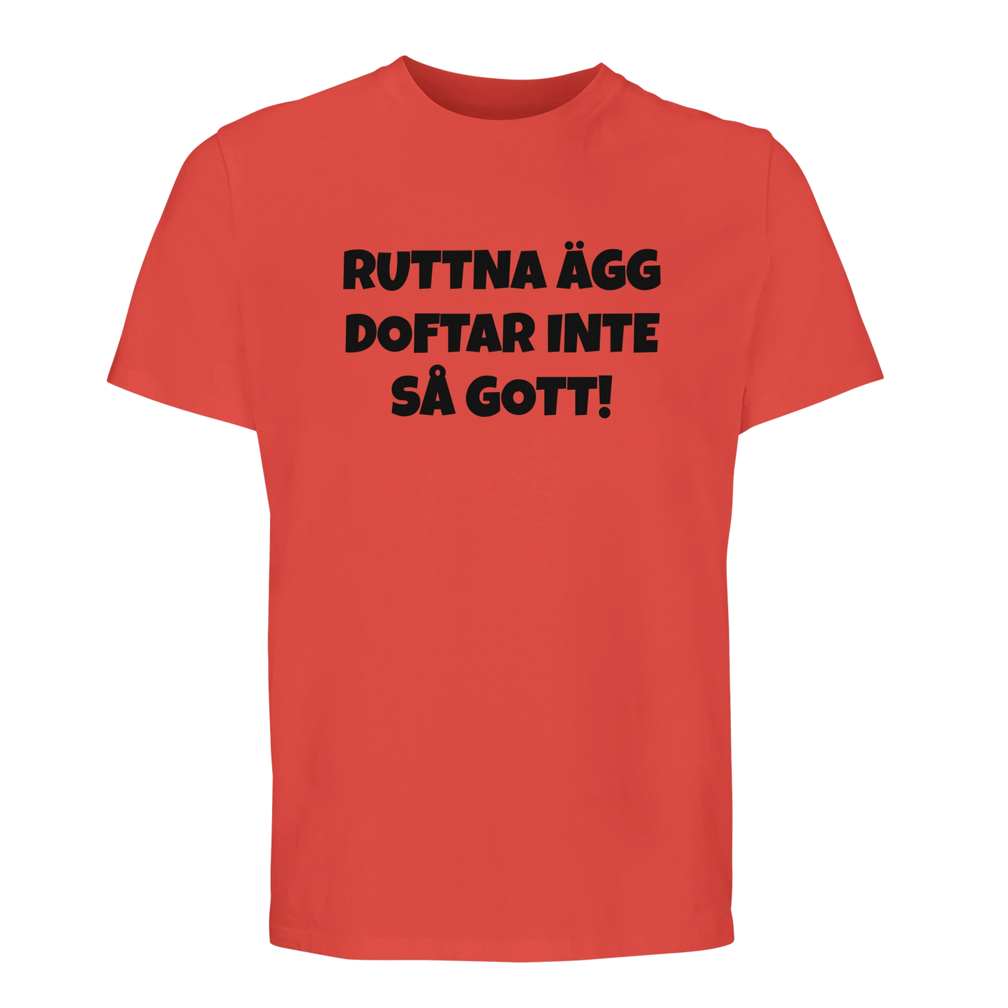Orange t-shirt med humortryck 'Ruttna ägg doftar inte så gott'. Tillverkad i mjuk bomull för hög komfort.
