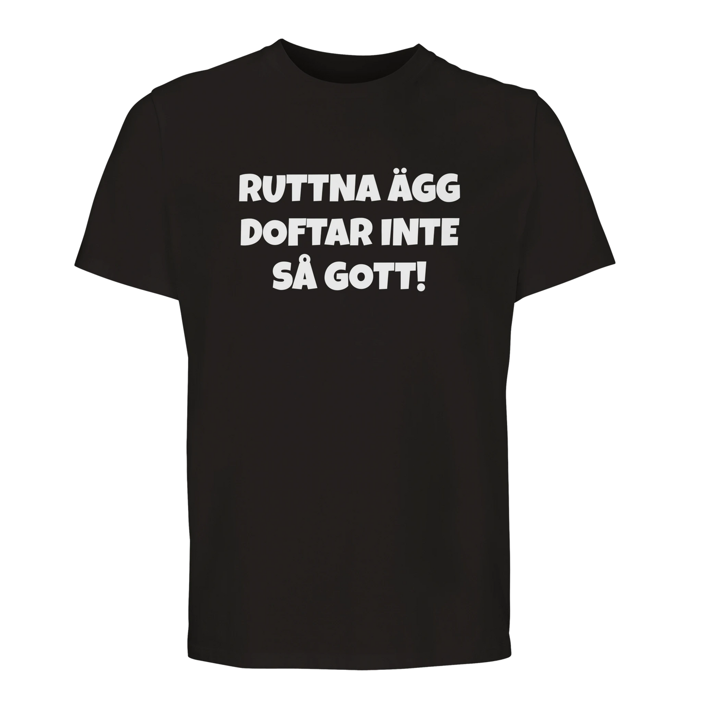 Svart t-shirt med humortryck 'Ruttna ägg doftar inte så gott'. Tillverkad i mjuk bomull för hög komfort.