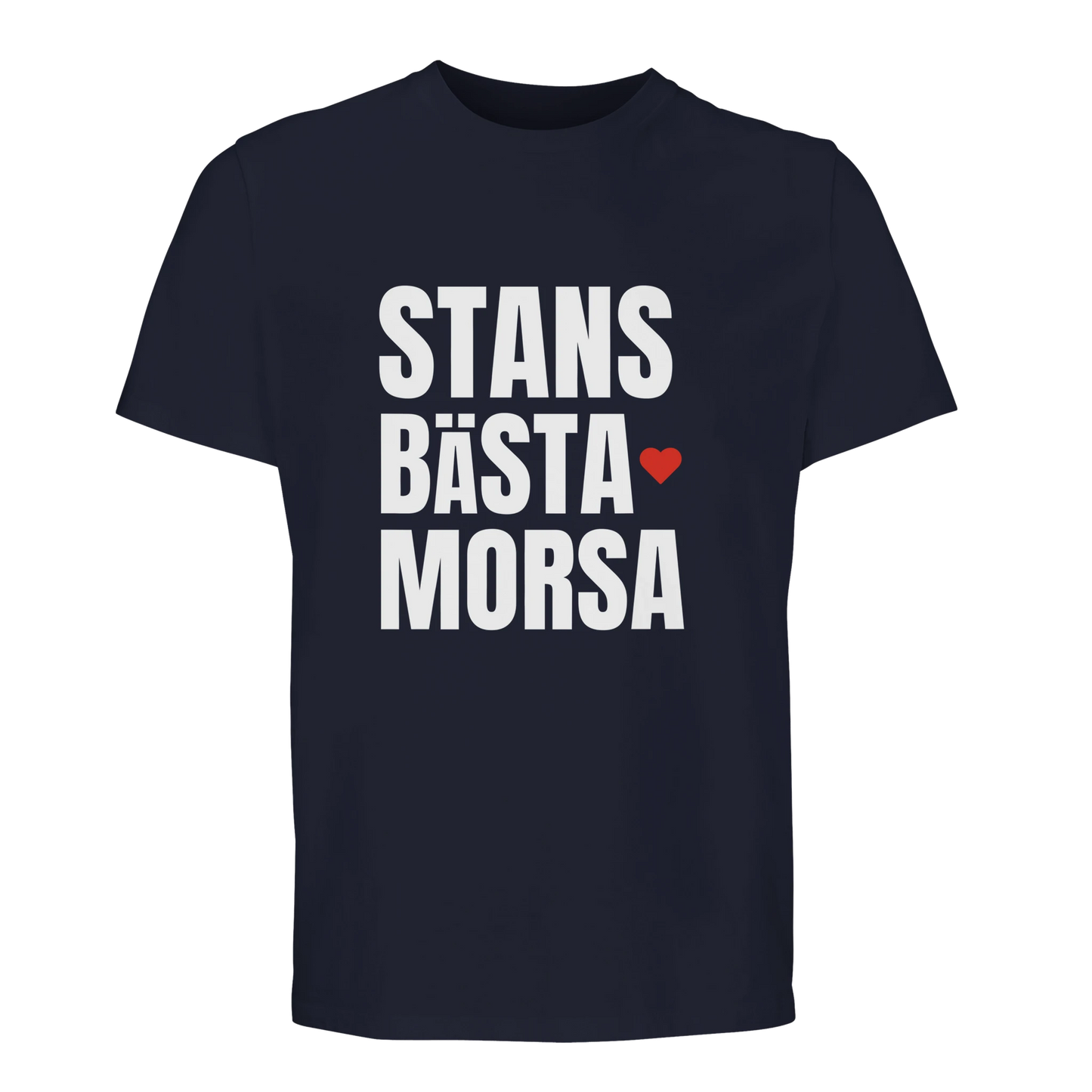 Marinblå t-shirt med vitt tryck 'STANS BÄSTA MORSA'. En hållbar och bekväm tröja för alla mammor.