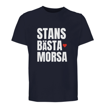 Marinblå t-shirt med vitt tryck 'STANS BÄSTA MORSA'. En hållbar och bekväm tröja för alla mammor.