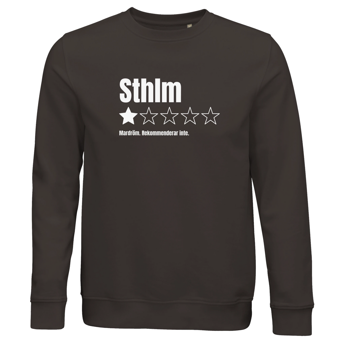 Sweatshirt i ekologisk bomull med recensions-tryck Sthlm, finns i 6 färger