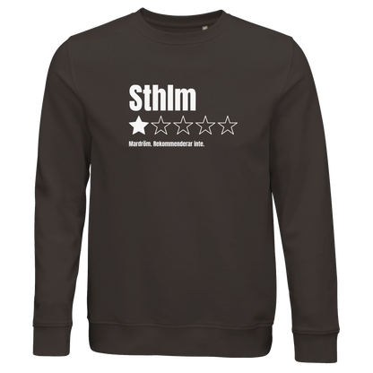 Sweatshirt i ekologisk bomull med recensions-tryck Sthlm, finns i 6 färger