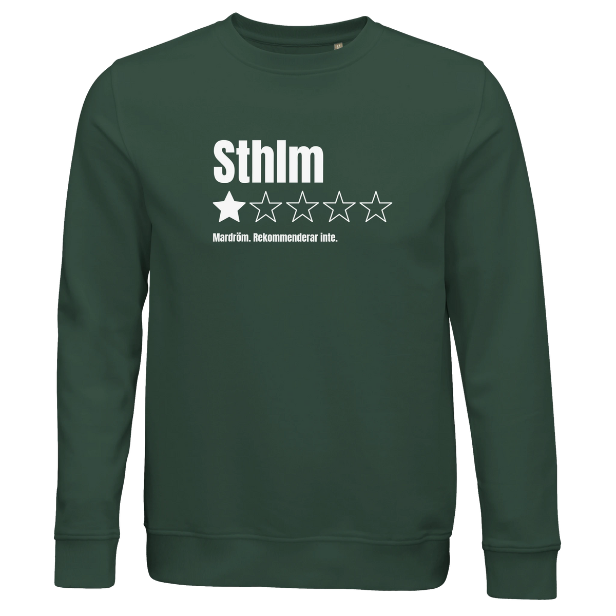 Sweatshirt i ekologisk bomull med recensions-tryck Sthlm, finns i 6 färger