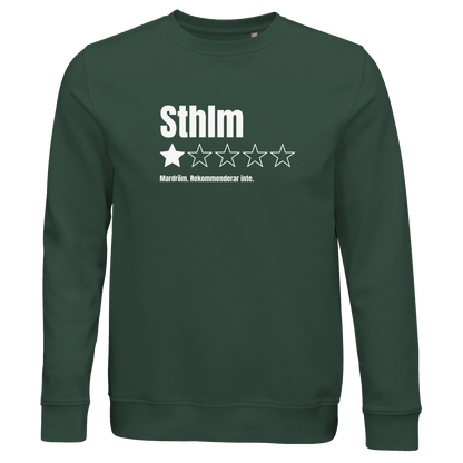 Sweatshirt i ekologisk bomull med recensions-tryck Sthlm, finns i 6 färger