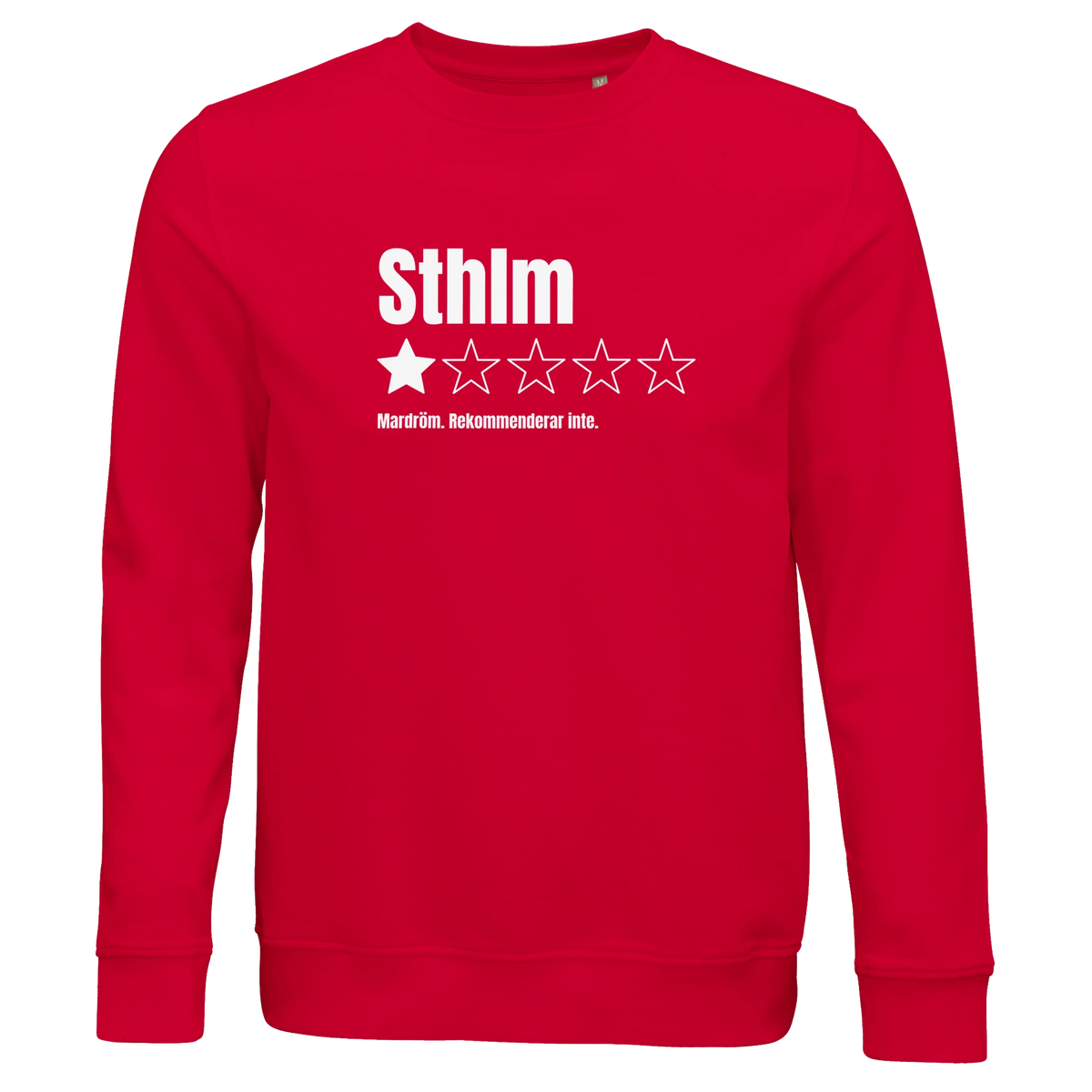 Sweatshirt i ekologisk bomull med recensions-tryck Sthlm, finns i 6 färger