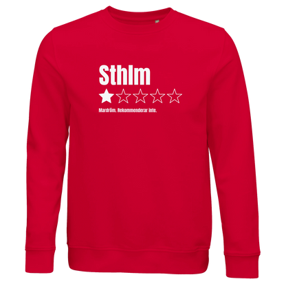Sweatshirt i ekologisk bomull med recensions-tryck Sthlm, finns i 6 färger
