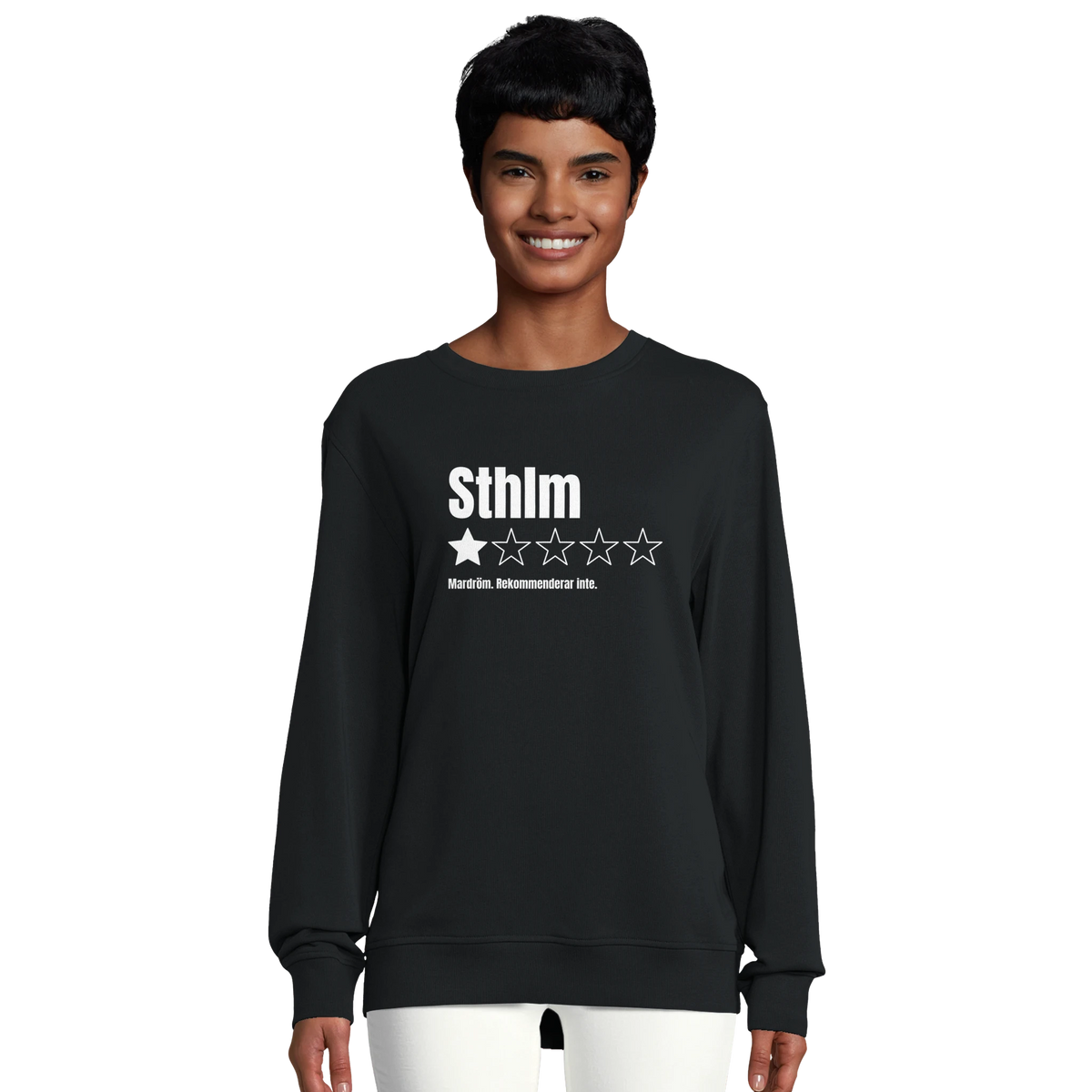 Svart ekologisk sweatshirt med trycket "Sthlm – 1 stjärna av 5, Mardröm"