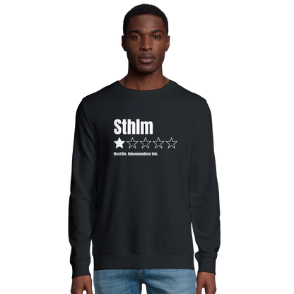 Svart ekologisk sweatshirt med trycket "Sthlm – 1 stjärna av 5, Mardröm"