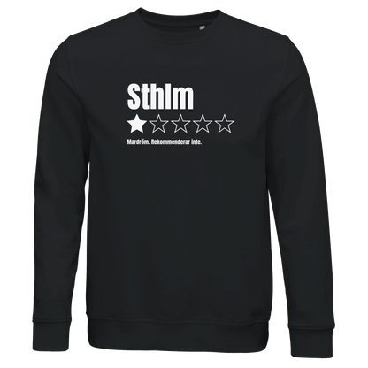Svart ekologisk sweatshirt med trycket "Sthlm – 1 stjärna av 5, Mardröm"