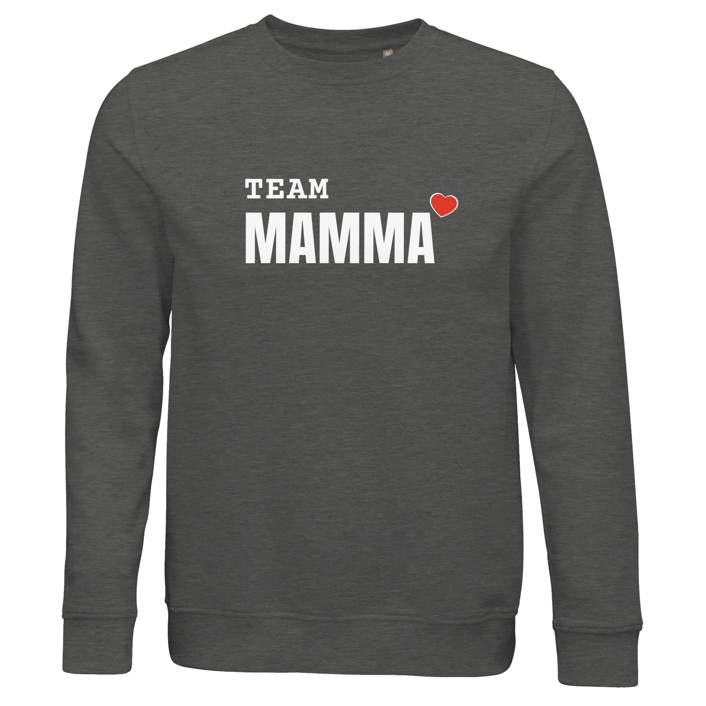 Gråmelerad ekologisk sweatshirt med vitt tryck och ett rött hjärta för alla i 'TEAM MAMMA'.