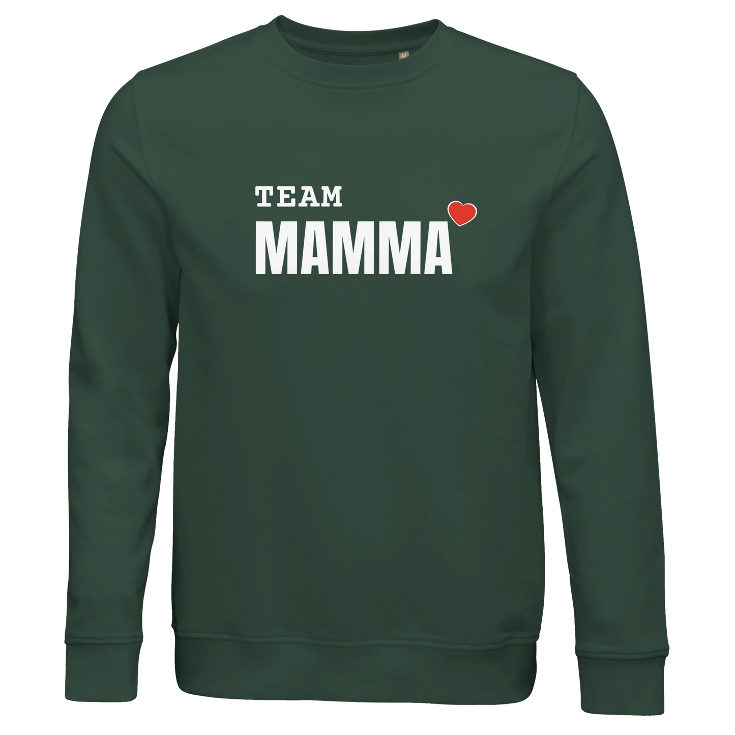 Skogsgrön ekologisk sweatshirt med vitt tryck 'TEAM MAMMA' och hjärta. Passar bra för både dam och herr.