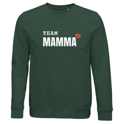 Skogsgrön ekologisk sweatshirt med vitt tryck 'TEAM MAMMA' och hjärta. Passar bra för både dam och herr.