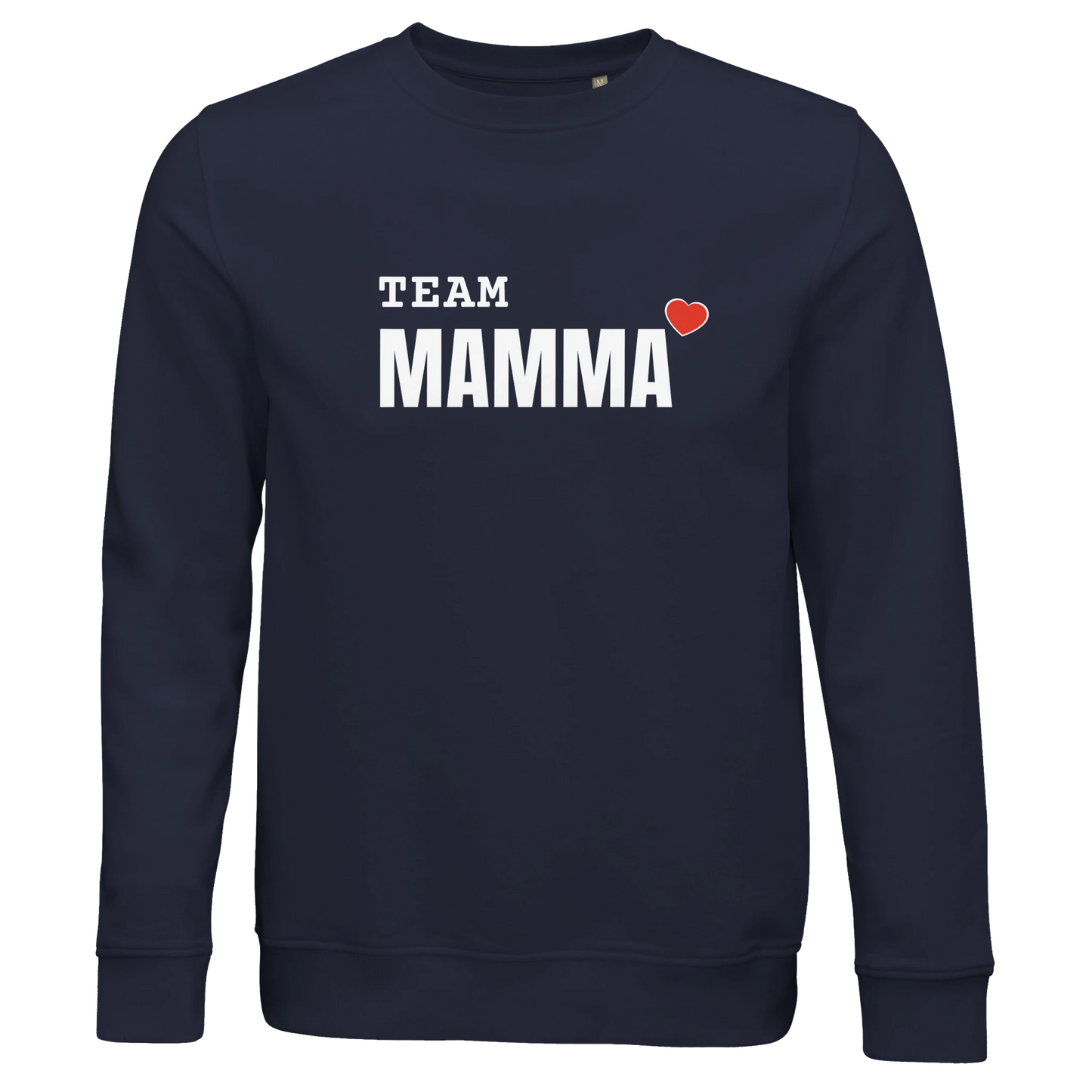Klassisk marinblå ekologisk sweatshirt med vit text 'TEAM MAMMA' och ett rött hjärta på bröstet.