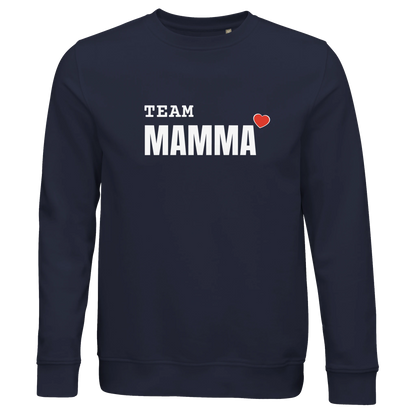 Klassisk marinblå ekologisk sweatshirt med vit text 'TEAM MAMMA' och ett rött hjärta på bröstet.