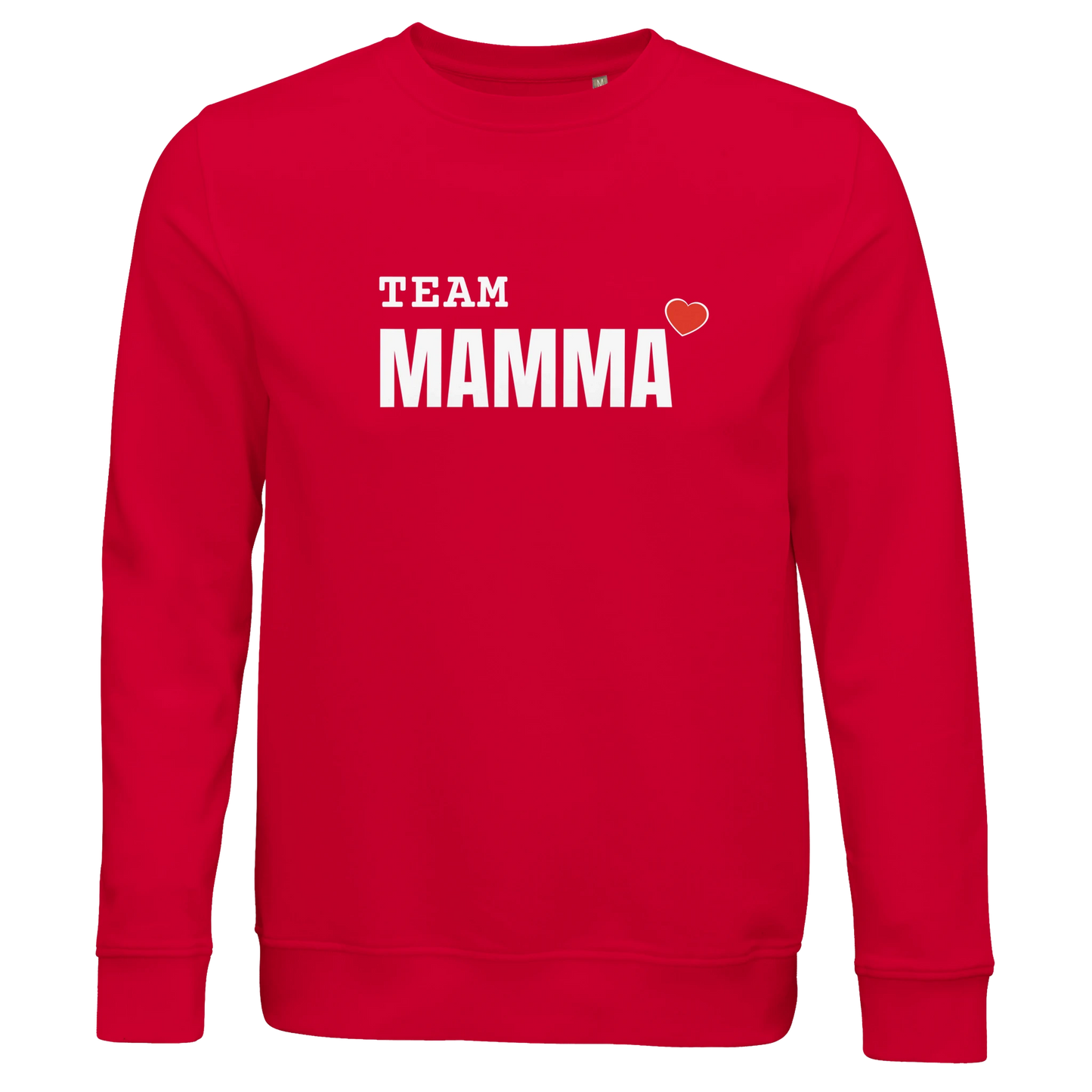 Röd sweatshirt i ekologisk bomull med vitt och rött tryck för 'TEAM MAMMA'. En färgstark och bekväm tröja.
