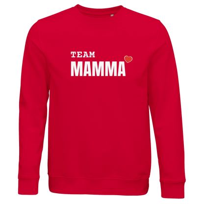 Röd sweatshirt i ekologisk bomull med vitt och rött tryck för 'TEAM MAMMA'. En färgstark och bekväm tröja.
