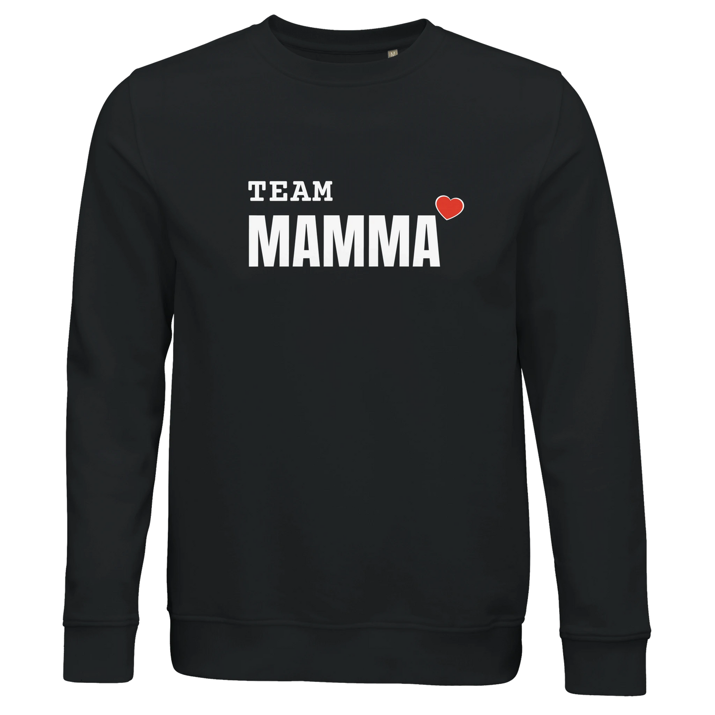 Svart ekologisk tröja med vitt tryck 'TEAM MAMMA' och hjärta. En perfekt present till mors dag.