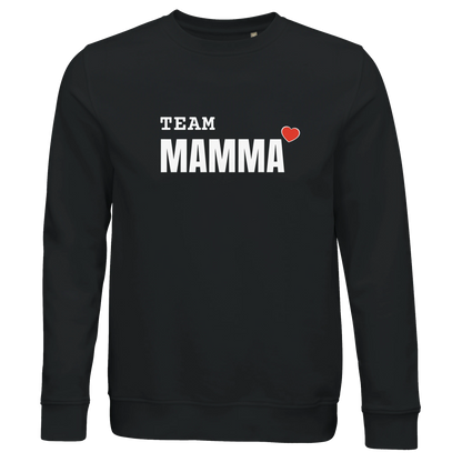 Svart ekologisk tröja med vitt tryck 'TEAM MAMMA' och hjärta. En perfekt present till mors dag.