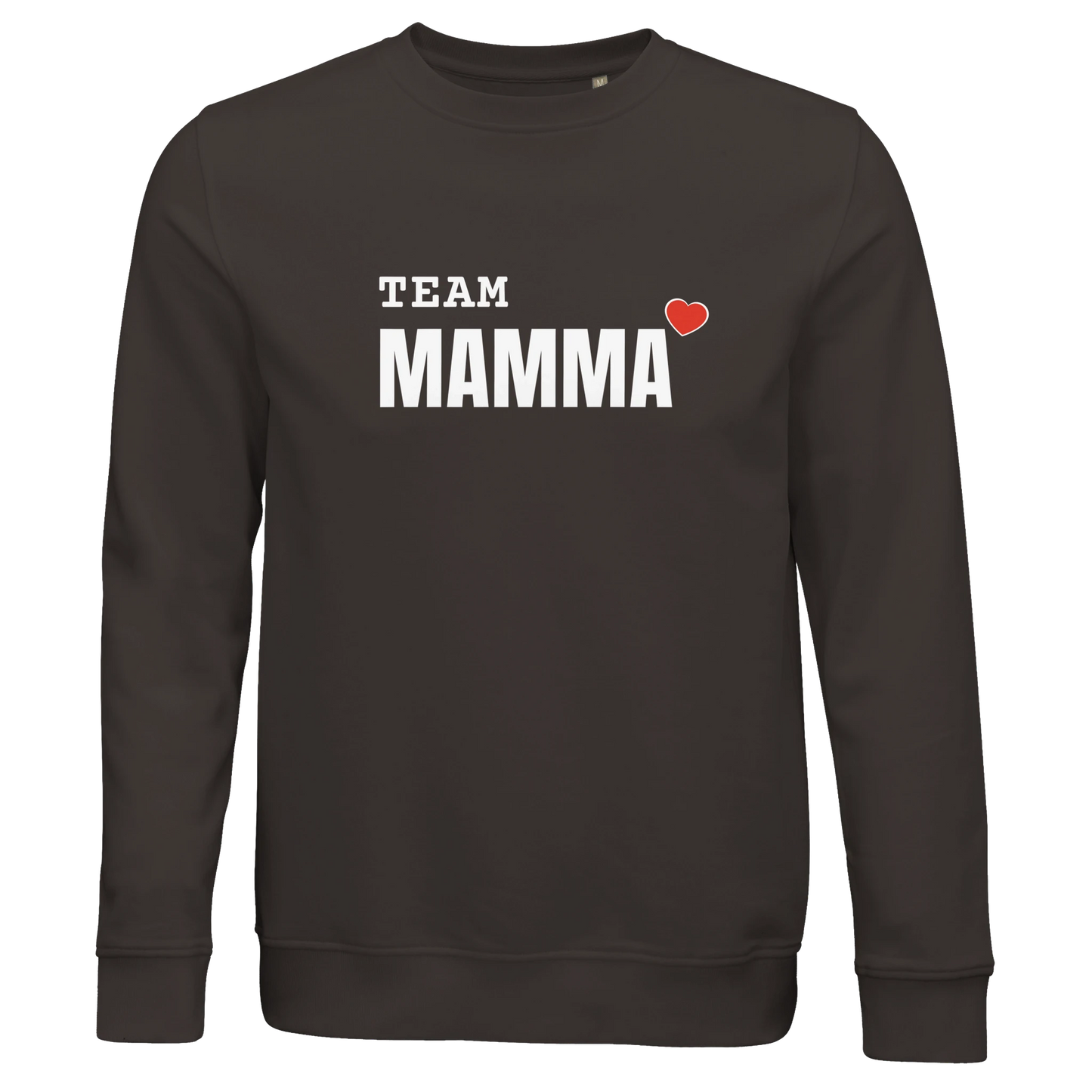 Mörk svartbrun sweatshirt i ekologisk bomullsblandning med texten 'TEAM MAMMA' och ett hjärta.