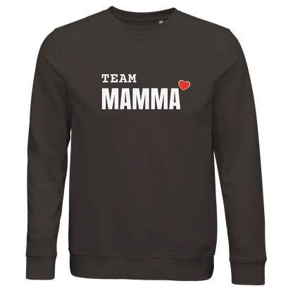 Mörk svartbrun sweatshirt i ekologisk bomullsblandning med texten 'TEAM MAMMA' och ett hjärta.