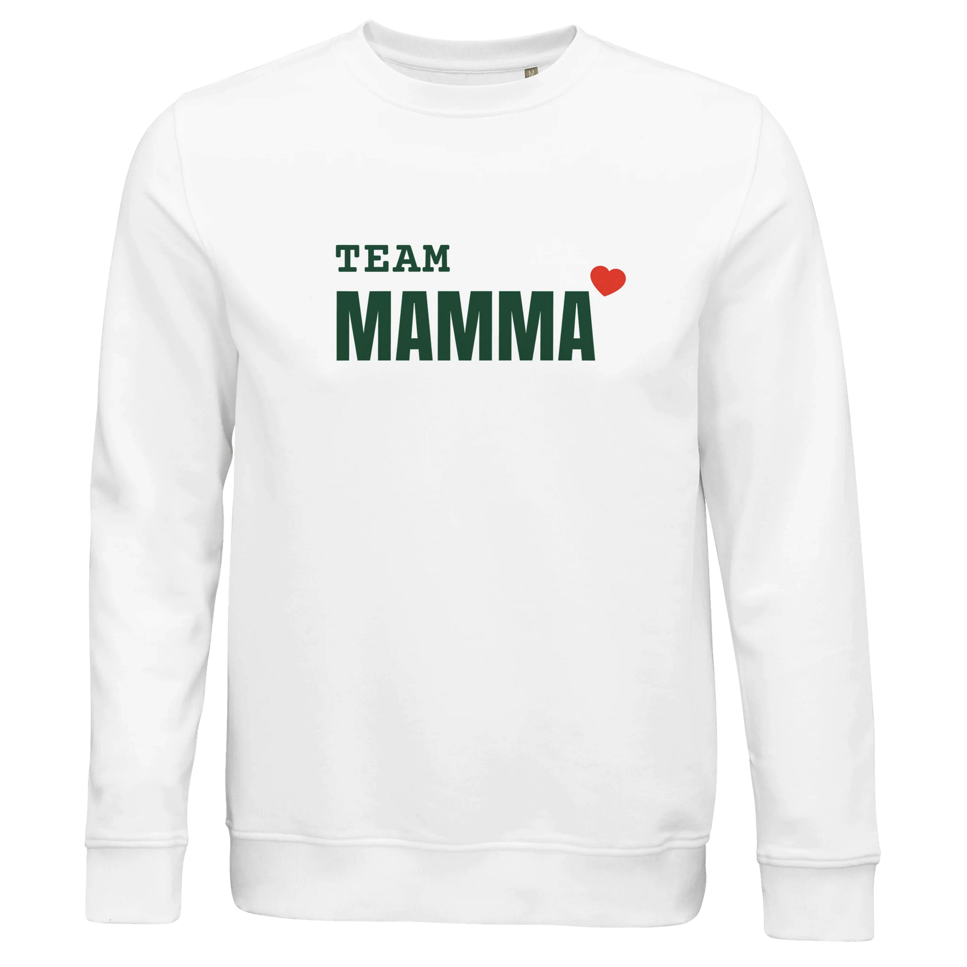 Vit ekologisk sweatshirt med svart text 'TEAM MAMMA' och ett rött hjärta. Ren och stilren design för mammor.